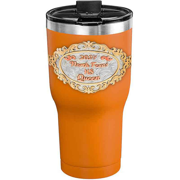 A customized tumbler made of stainless steel with a personalized engraved initials and North Texas High School Queen lettering, 30 oz, ideal for coffee or cool drinks